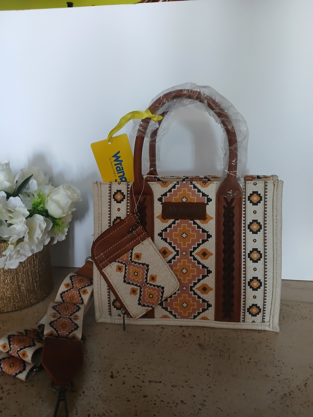 Wrangler Beige & Brown Embroidered Tote Bag